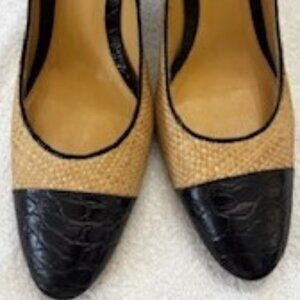 Voz vintage woven raffia pumps with croc cap toe heels gently loved Size 8-1/2